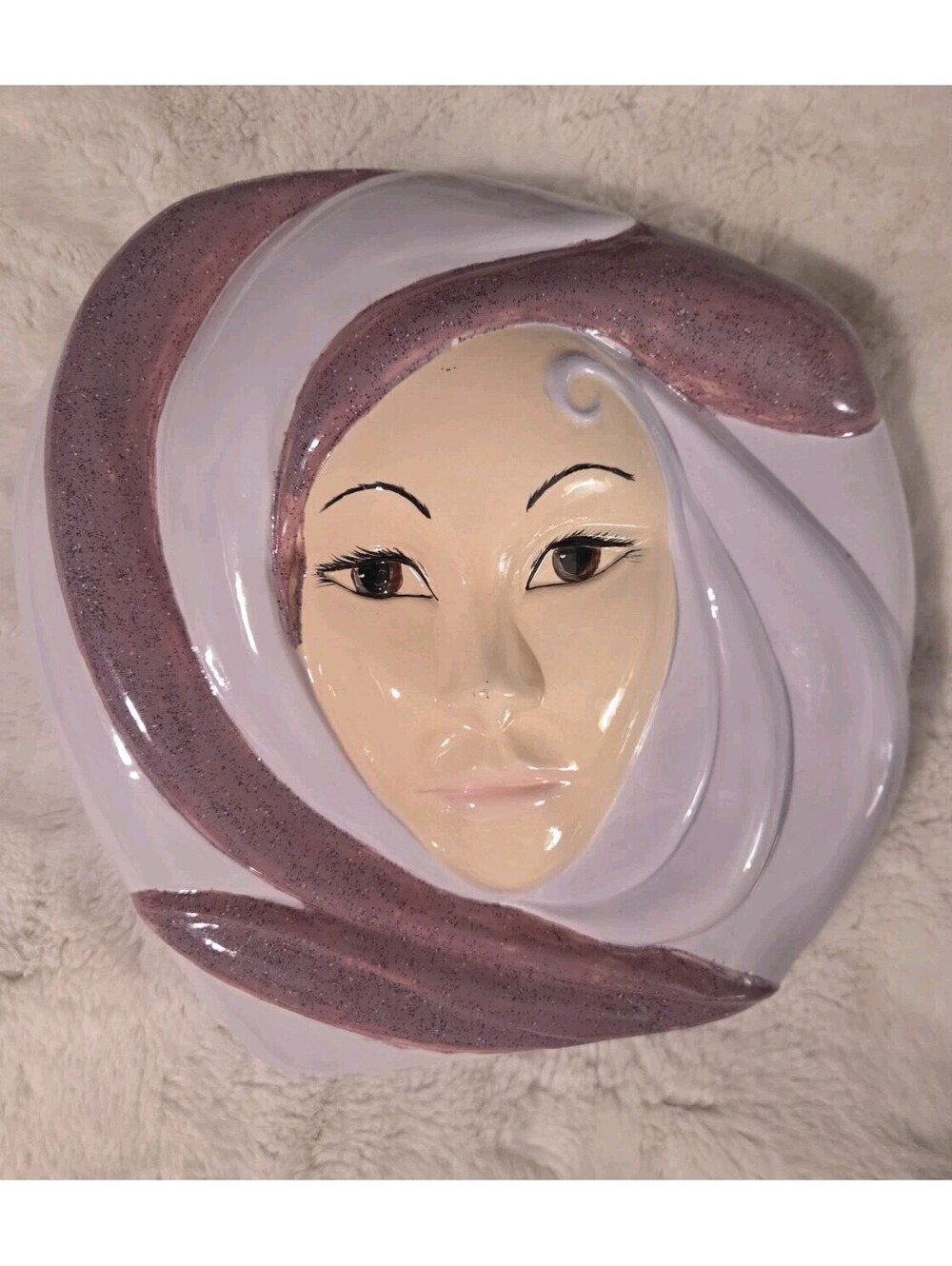 Vintage 80s Lady Face Head Vase Unique Purple Glazed Art Deco